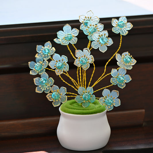 Handmade Blue Crystal Flower Arrangement in Mini Ceramic Pot L30
