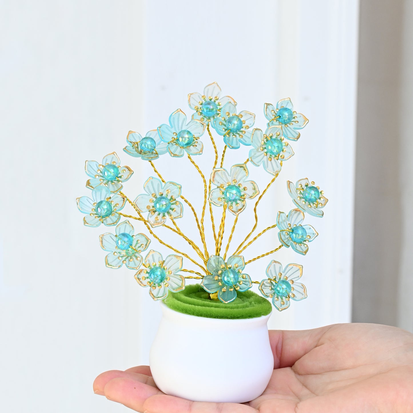 Handmade Blue Crystal Flower Arrangement in Mini Ceramic Pot L30