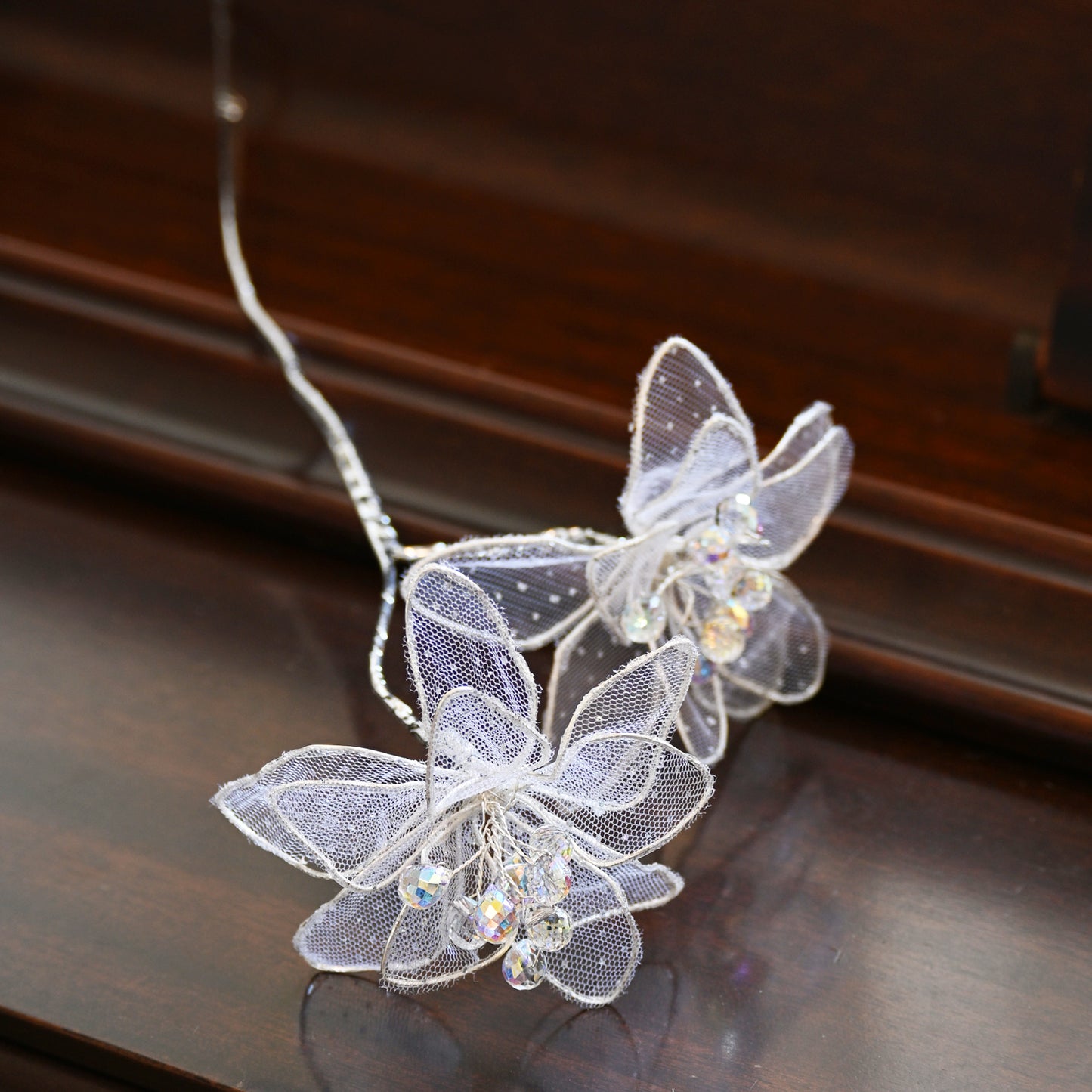 Handmade Sheer Mesh Crystal Flower Branch Picks K149