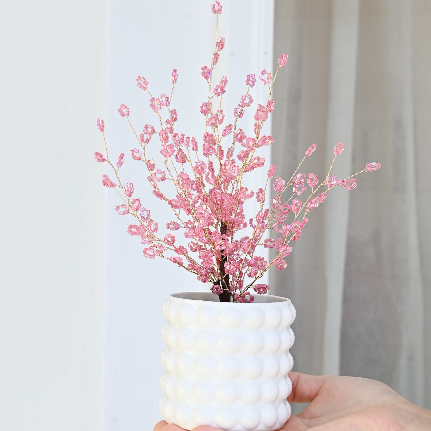 Handmade Pink Crystal Bead Tree, Artificial Flower Arrangement in Bubble Ceramic Pot L28
