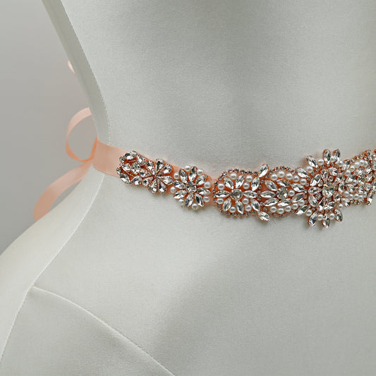Bridella BS445RG-Retro Pink Rose Gold Rhinestone Pearl Belt