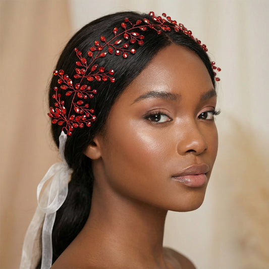 Red Rhinestone Bridal Headband Vine - Bridella BHP21-R