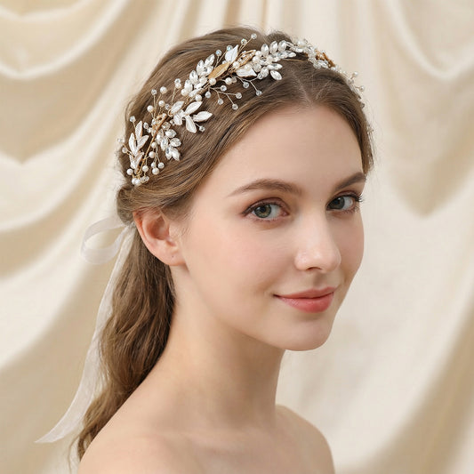 Gold Rhinestone Pearl Bridal Headband Wedding Hairpiece - Bridella BHP272-G