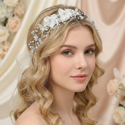 Silver Rhinestone & Pearl Floral Bridal Headband - Bridella BHP275-S