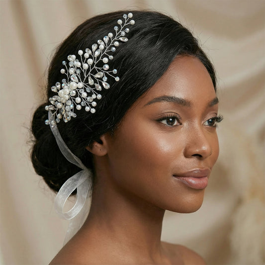 Silver Rhinestone Pearl Bridal Headband Wedding Hairpiece - Bridella BHP84-S