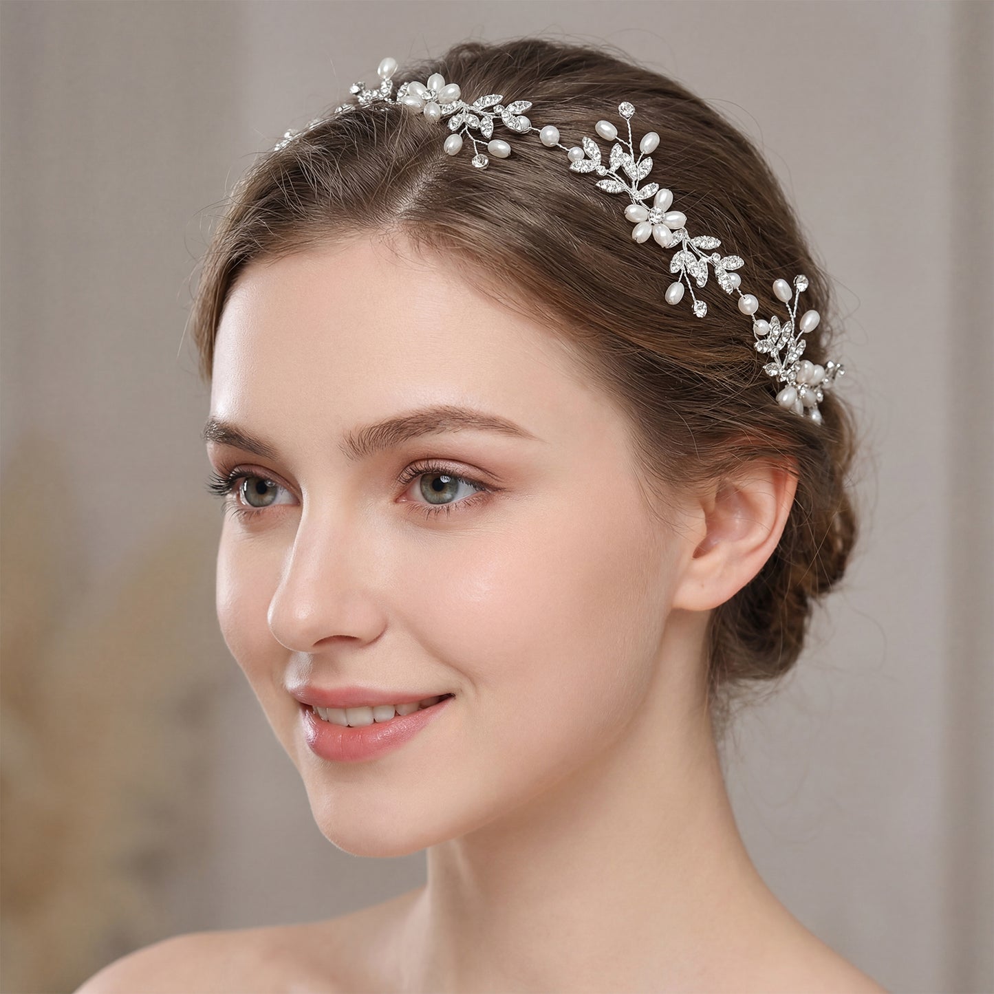 Bridella BHP152-S Silver Rhinestone & Pearl Headband
