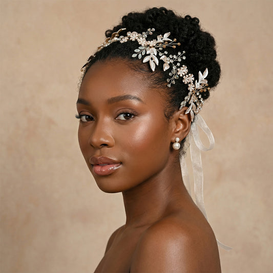 Gold Rhinestone & Pearl Floral Branch Bridal Headband - Bridella BHP278-G