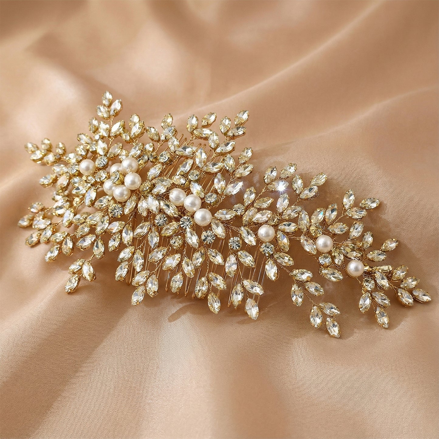 Gold Rhinestone Pearl Bridal Hair Comb Wedding Headpiece - Bridella BHP434-G