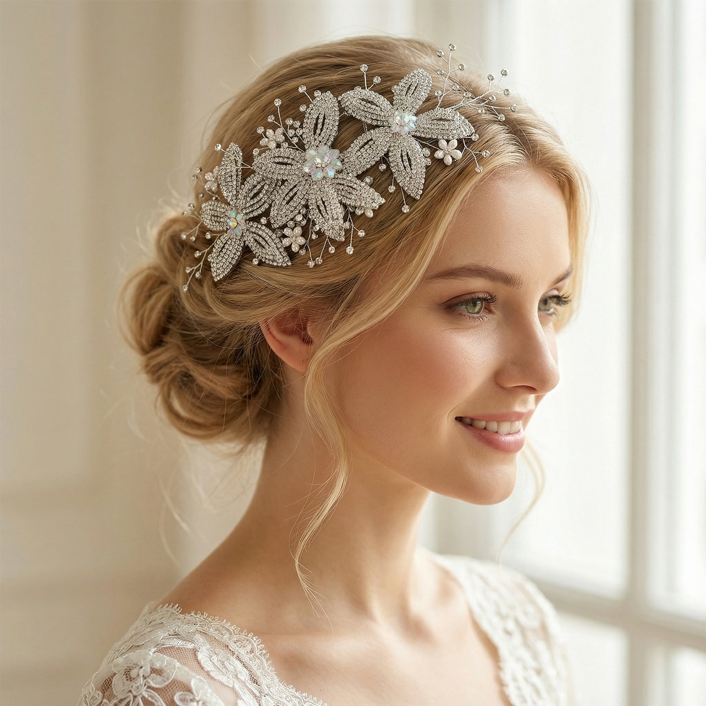 Bridella BHP252-S Silver Rhinestone & Pearl Crown