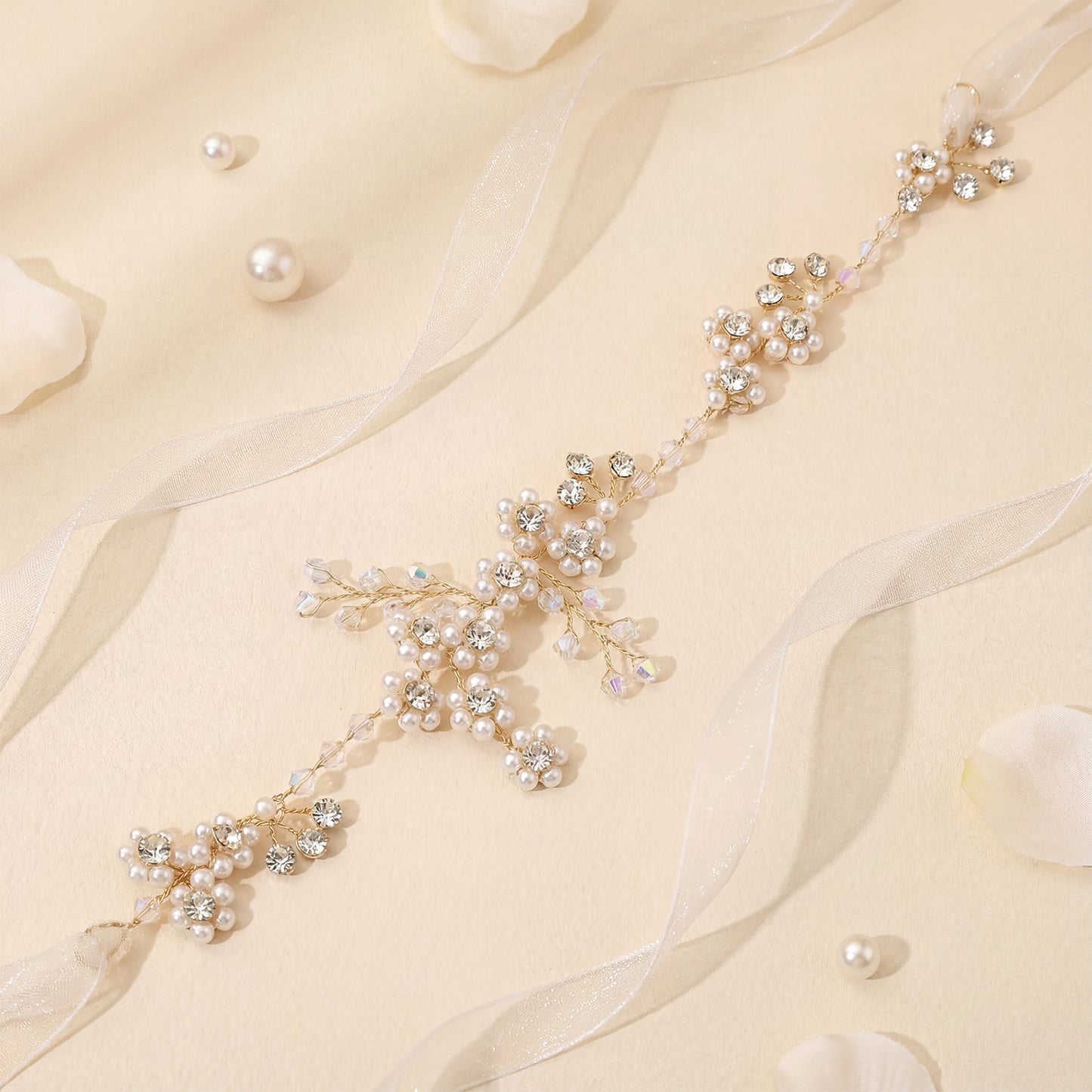 Bridella BHP129-S Silver Rhinestone & Pearl Headband