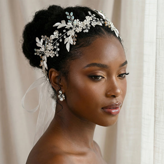 Silver Rhinestone Pearl Bridal Headband Wedding Hair - Bridella BHP278-S