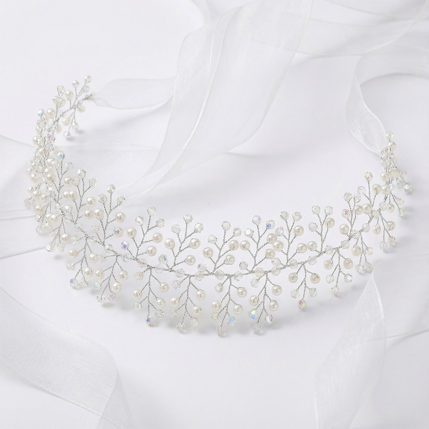 Bridella BHP55-S Silver Pearl & Crystal Tiara