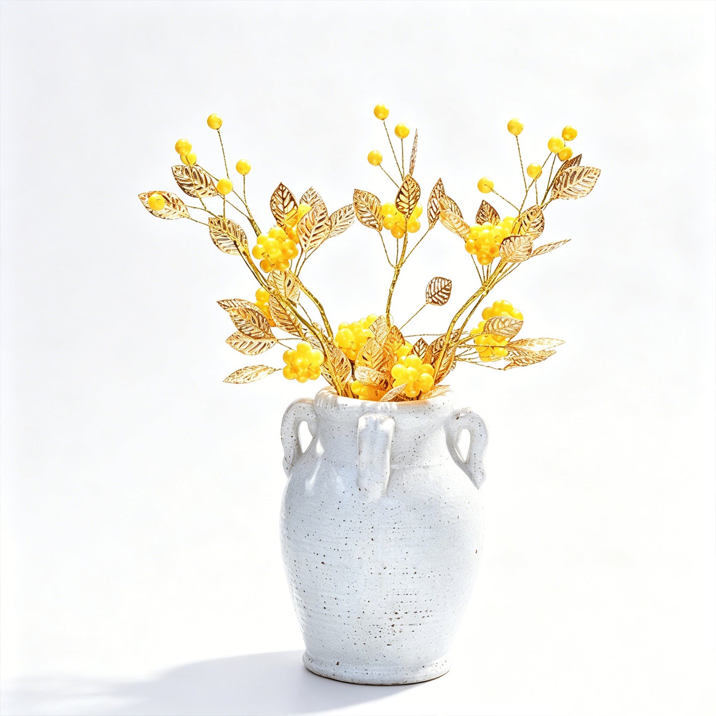 Golden Artificial Berry Stem with Metallic Leaves, Faux Red/Yellow Berry Picks K103