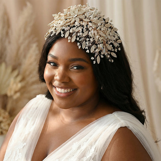 Gold Rhinestone Pearl Bridal Crown Wedding Headpiece - Bridella BHP377-G