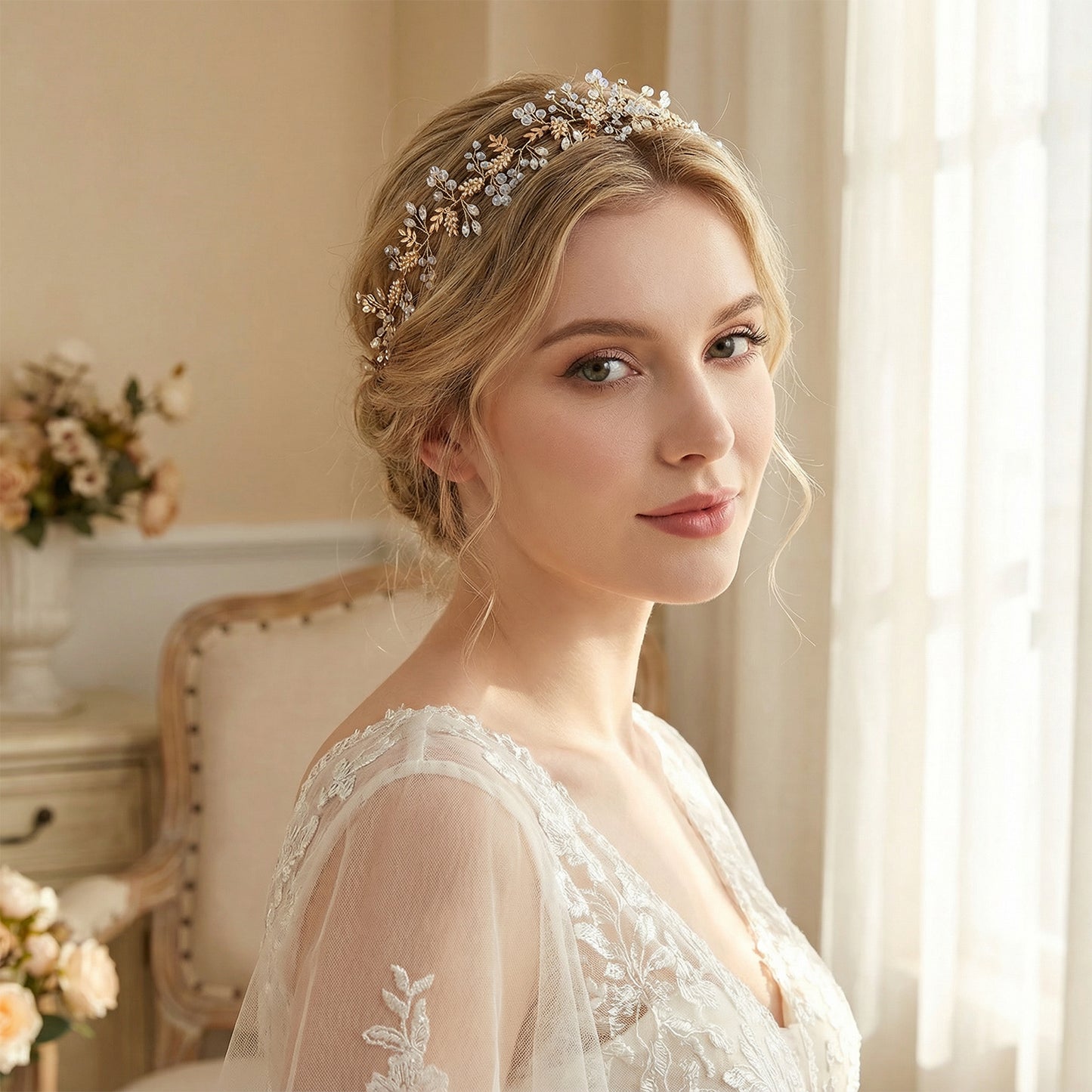 Bridella BHP235-G Gold Rhinestone & Pearl Headband