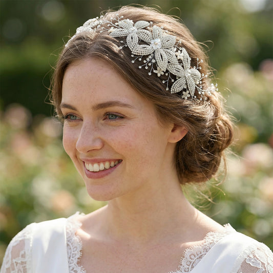 Silver Rhinestone Pearl Bridal Crown Wedding Headpiece - Bridella BHP252-S