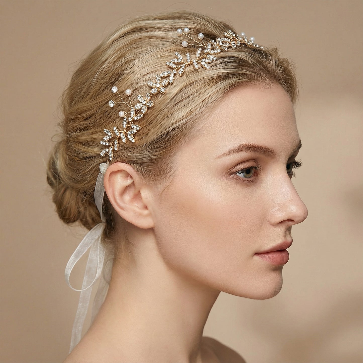 Gold Rhinestone Pearl Bridal Headband Wedding Hairpiece - Bridella BHP89-G