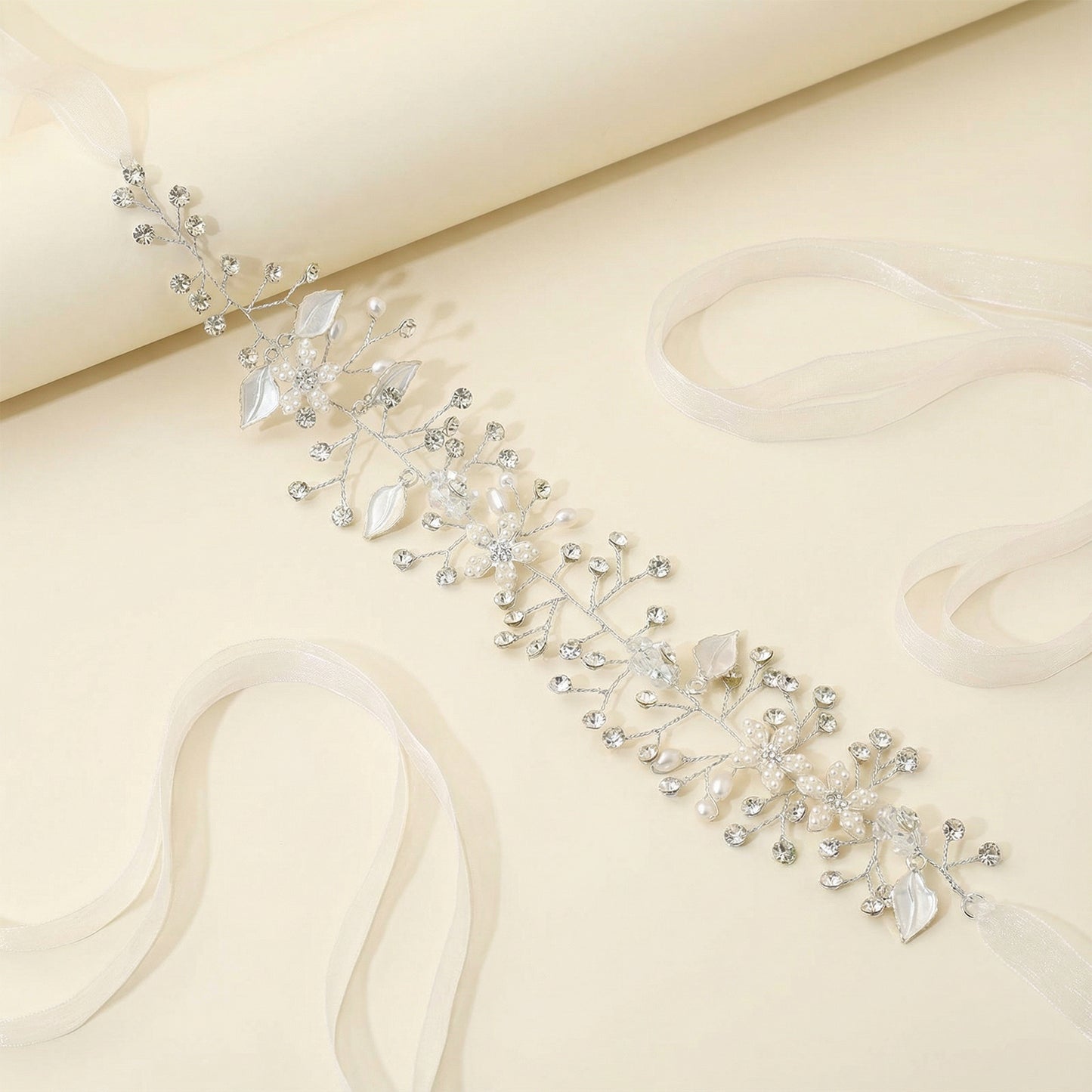 Bridella BHP236-S Silver Rhinestone & Pearl Headband