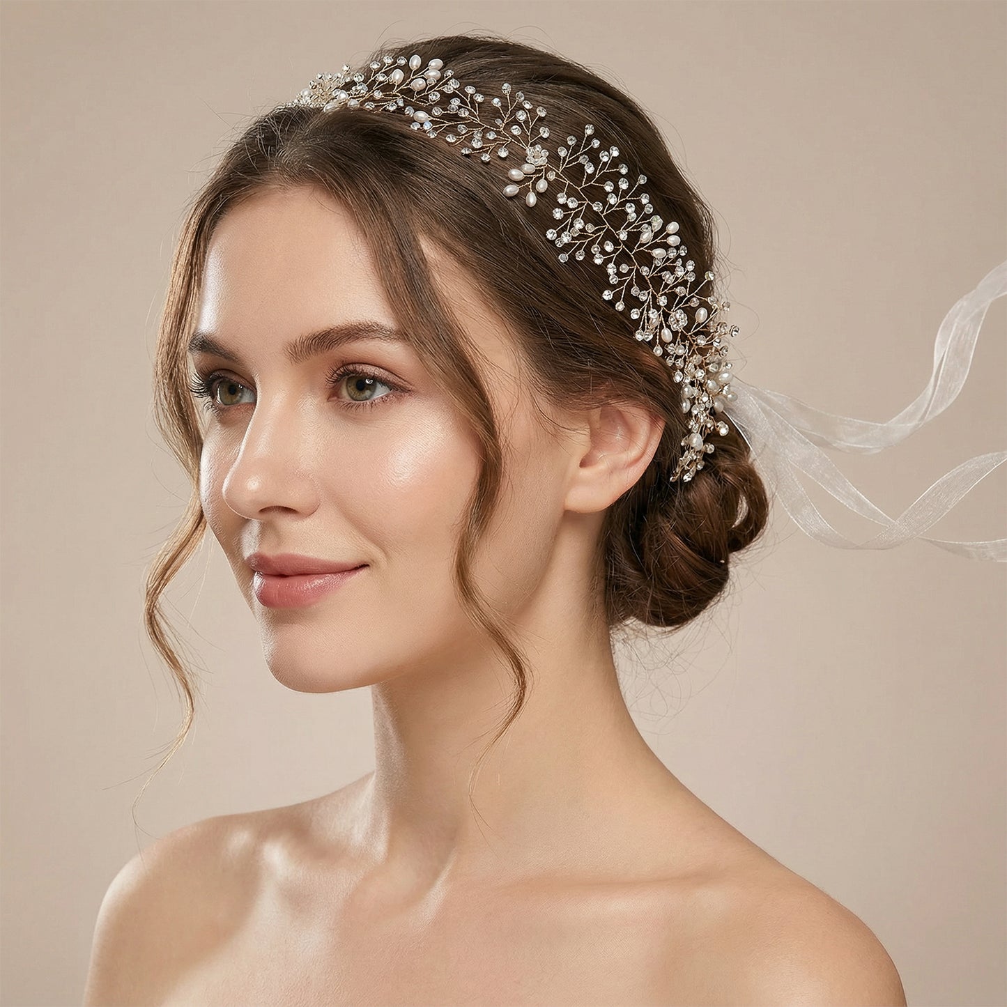 Gold Rhinestone & Pearl Vine Bridal Tiara - Bridella BHP10-G