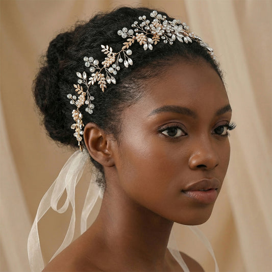 Gold Rhinestone & Pearl Floral Bridal Headband - Bridella BHP235-G