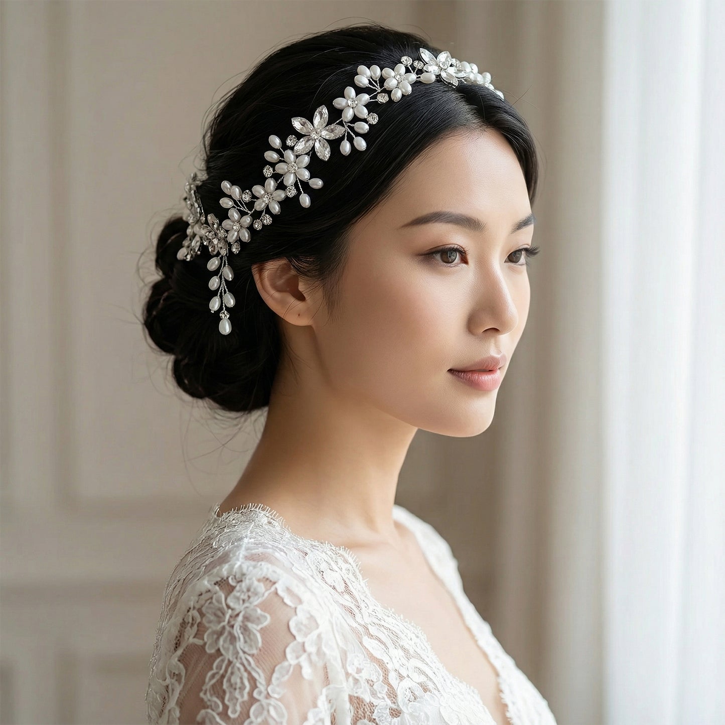 Bridella BHP128 Silver Rhinestone & Pearl Tiara