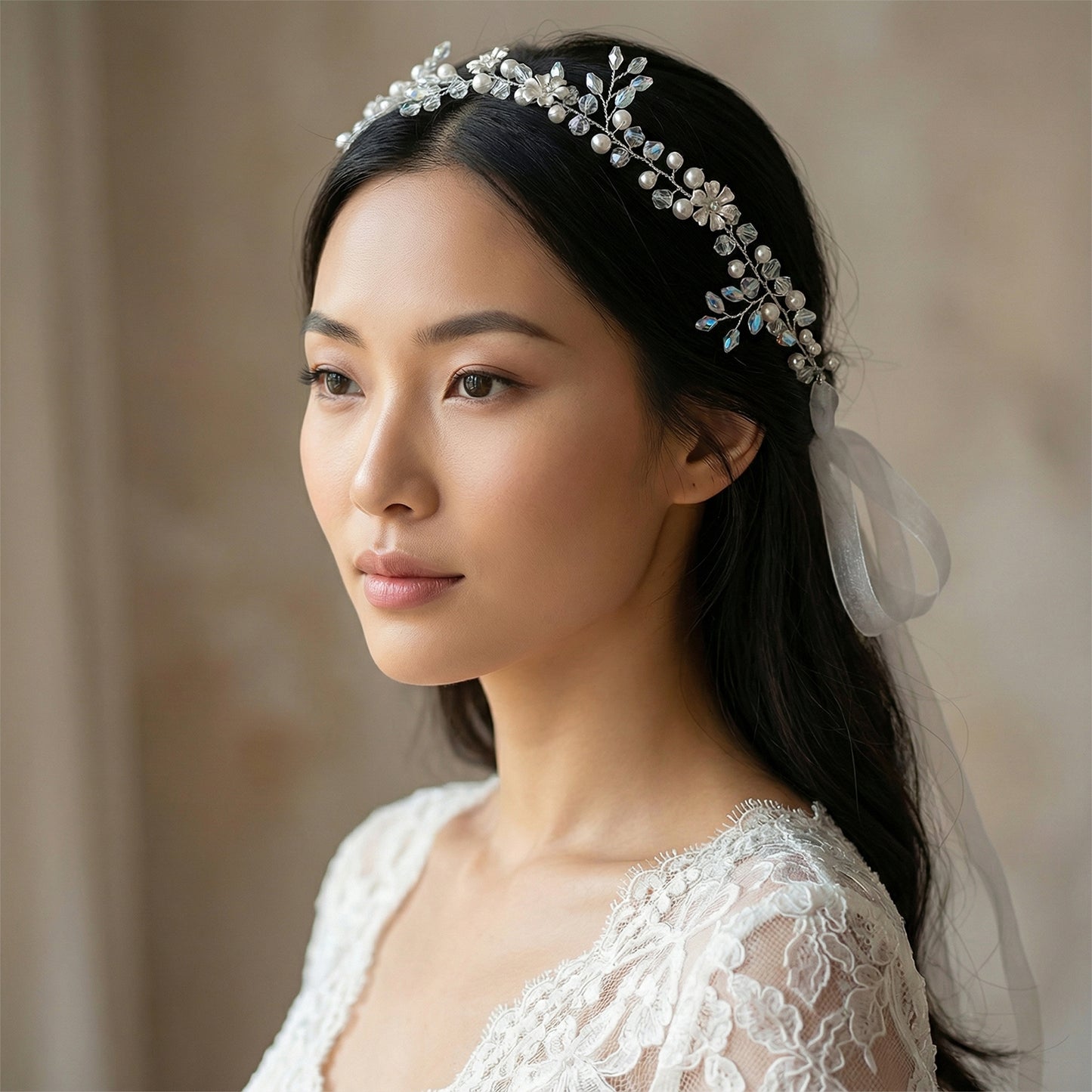 Bridella BHP347-S Silver Rhinestone & Pearl Headband