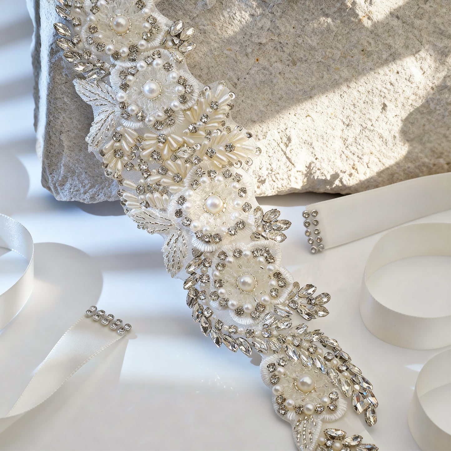 Off White Rhinestone Pearl Bridal Belt Wedding Sash - Bridella BS83