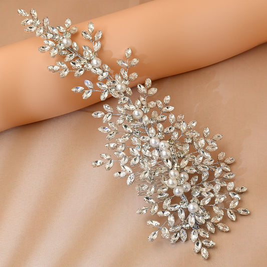 Bridella BHP434-S Silver Rhinestone & Pearl Hair Comb