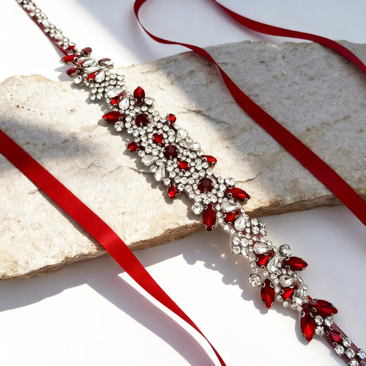Ribbon Burgundy Rhinestone Belt - Bridella BS51R-Red