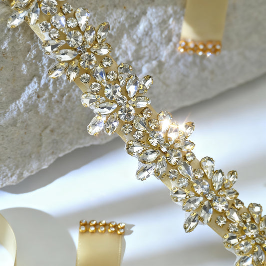 Bridella BS269G-D-Champagne Ribbon Gold Rhinestone Belt