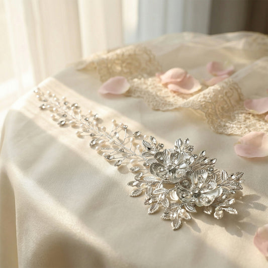 Bridella BHP511-S Silver Rhinestone & Pearl Hair Comb