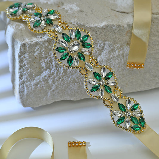 Bridella BS257- Champagne Ribbon Green Rhinestone Belt