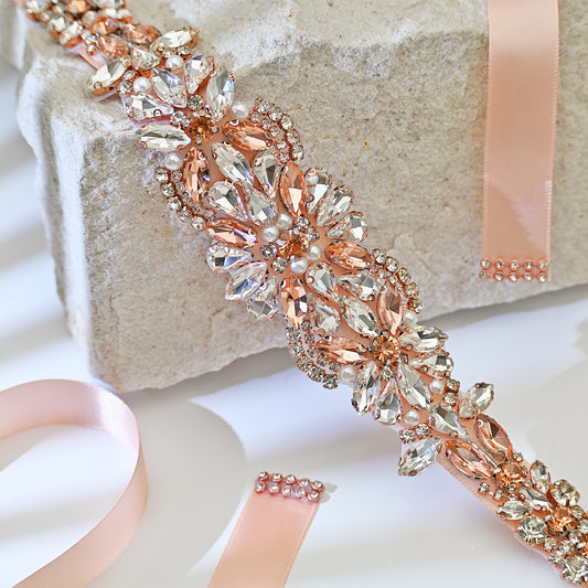 Rose Gold Rhinestone Bridal Dress Belt for Wedding - Bridella BS423-RG