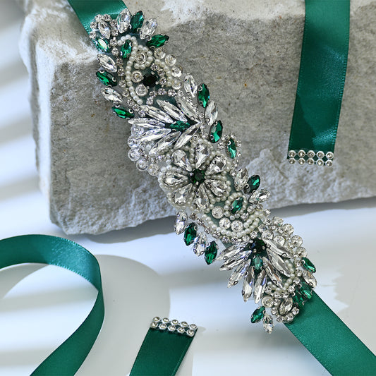 Bridella BS22 Green Rhinestone & Pearl Belt