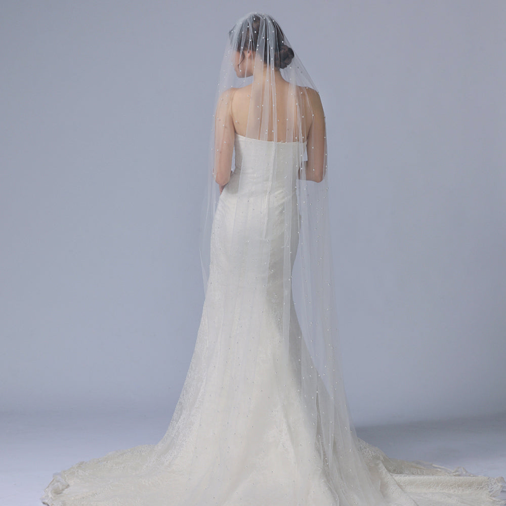 BRIDELLA BV05 Fashion Cathedral Bridal Beaded Veil Single Layer with Hair Comb Soft Yarn Wedding Accessories