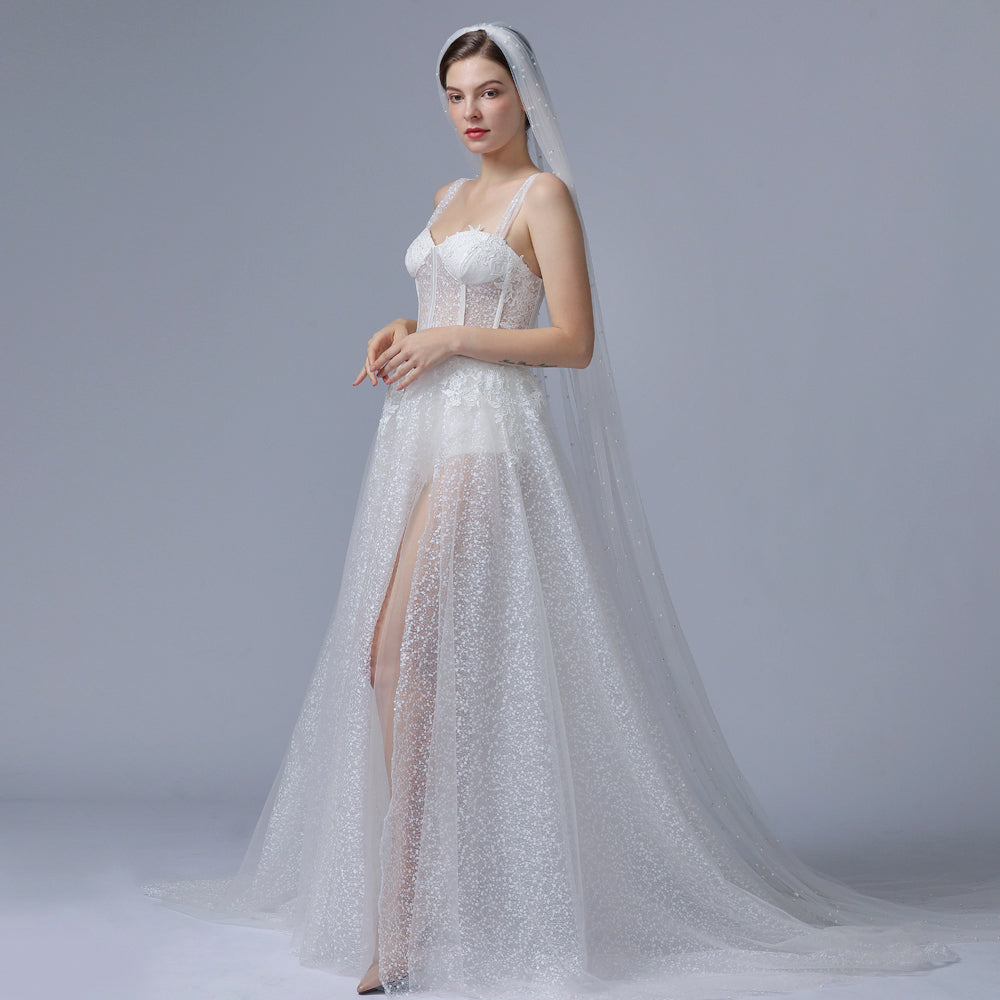 BRIDELLA BV05 Fashion Cathedral Bridal Beaded Veil Single Layer with Hair Comb Soft Yarn Wedding Accessories