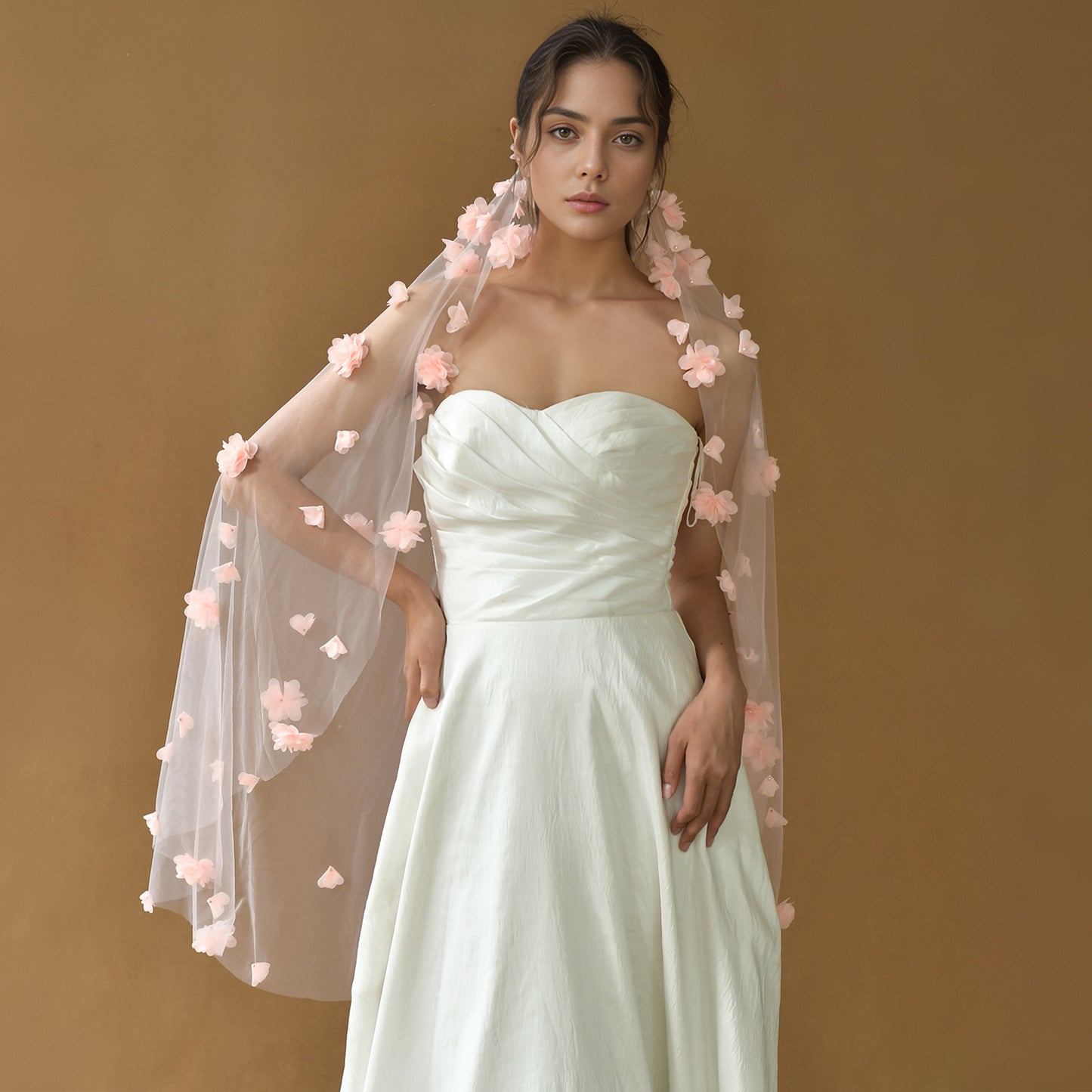 BRIDELLA BM137 A Pink Three-Dimensional Flower Decorated Bridal Veil With A Comb A Cute And Sweet Wedding Dress Accessory