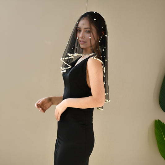 V266-BN1 black pearl mesh veil