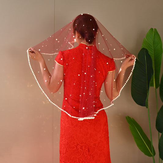 V267-JN1 burgundy pearl mesh veil