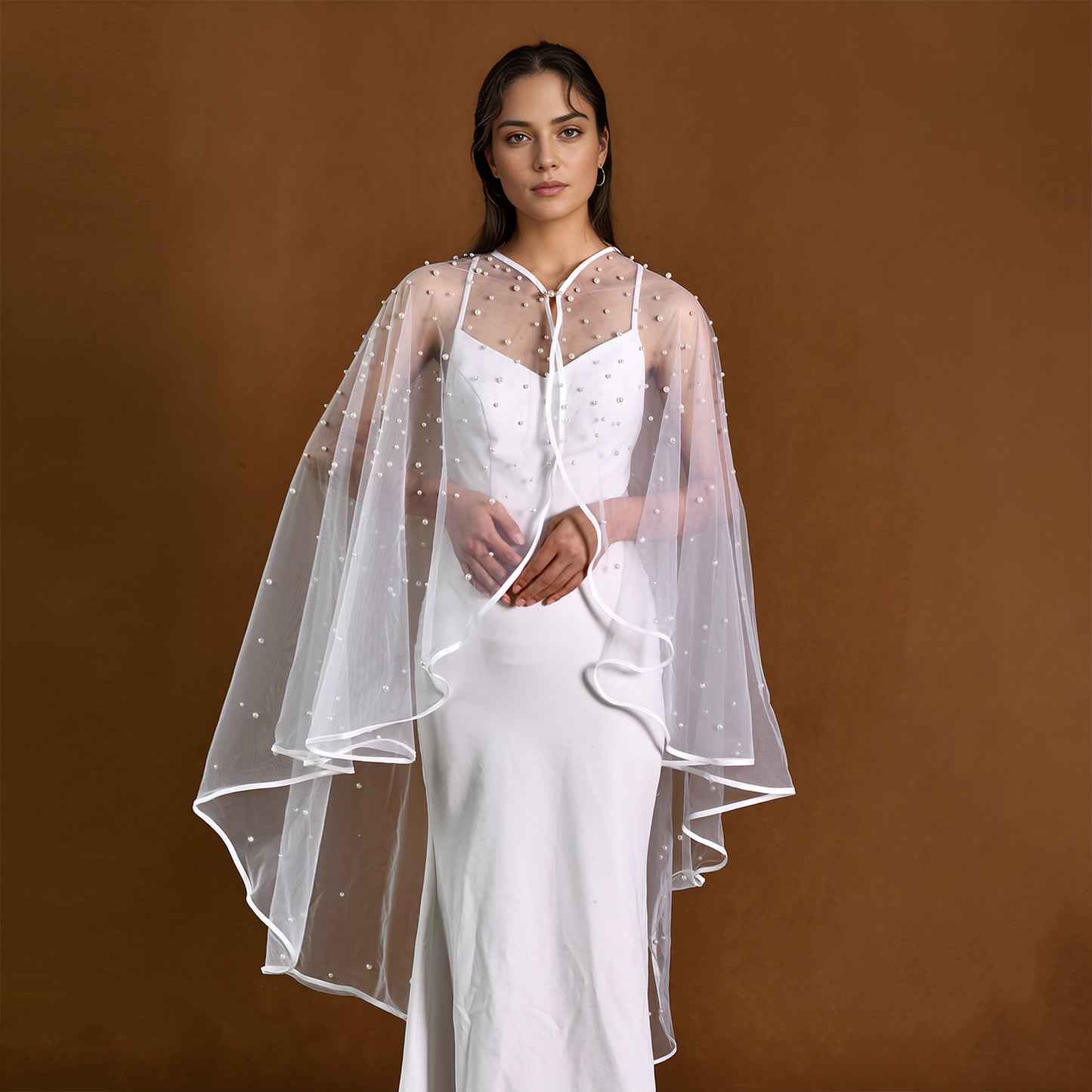 BRIDELLA BMG14 Mid-Length Bridal Cape Church Wedding Gloves Cloak Imitation Pearl Decoration Pin Fixed Covering Arm Dress Accessories