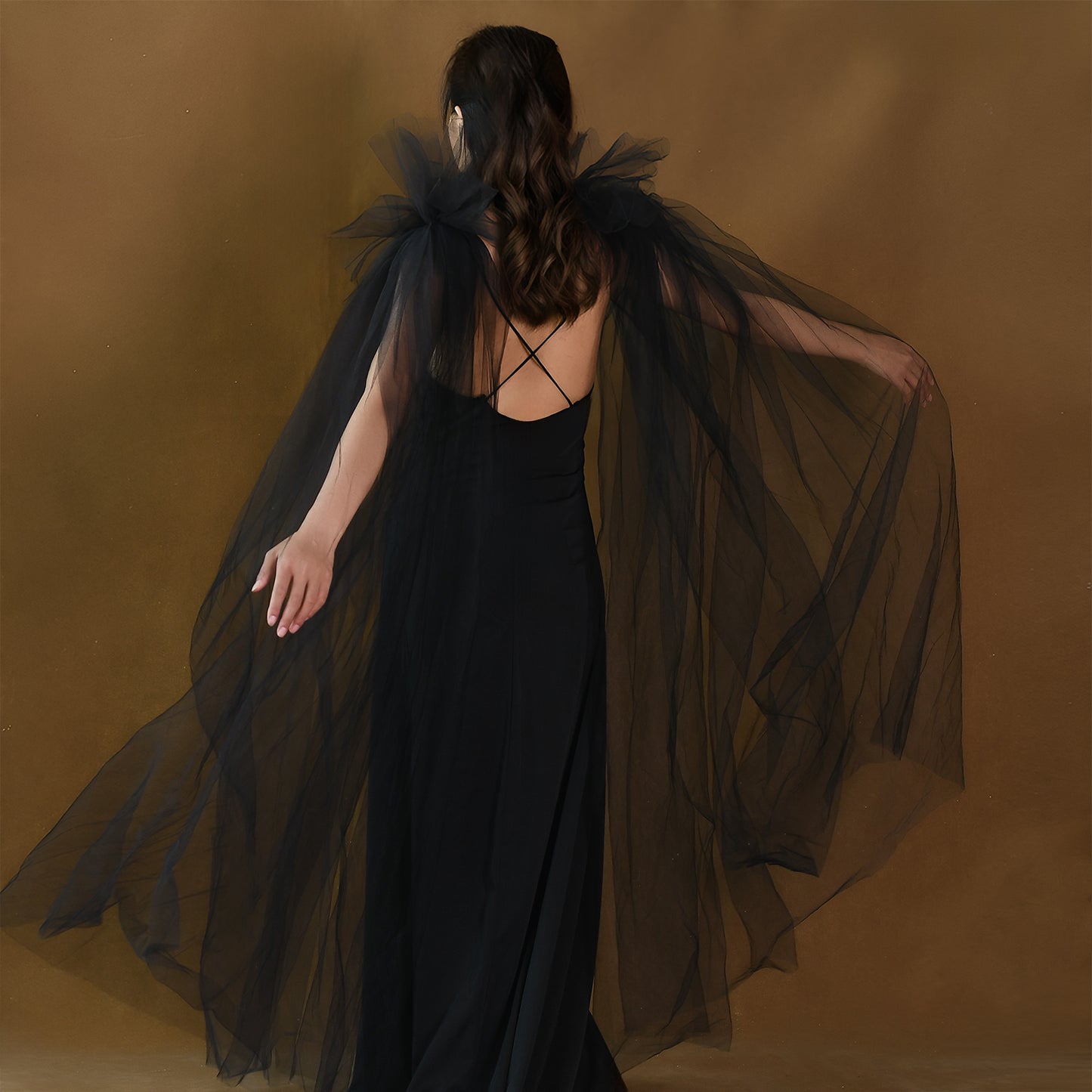 BRIDELLA BMG52 Black Long Shawl Fake Sleeves Detachable Double Shoulder Accessories Stage Performance Props