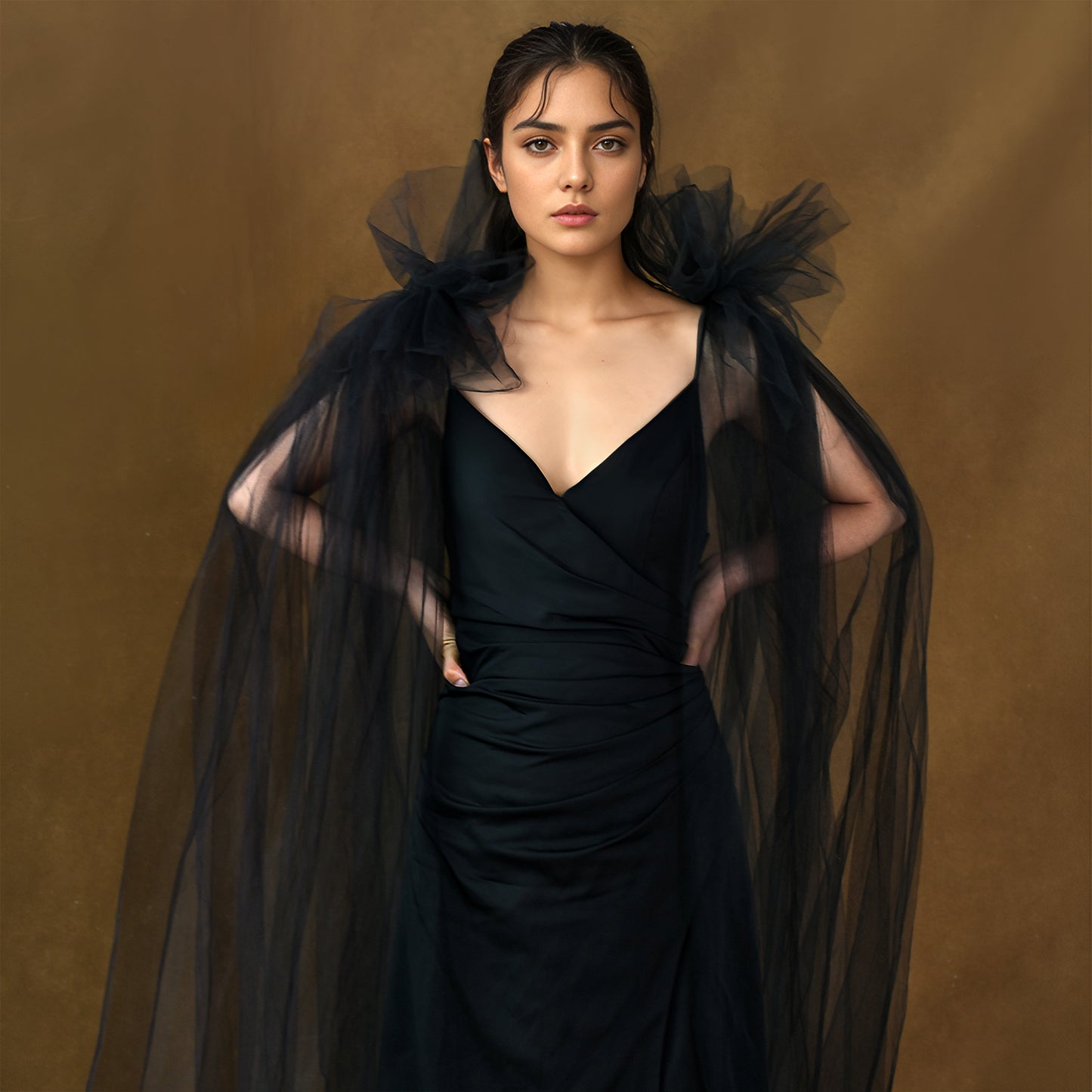 BRIDELLA BMG52 Black Long Shawl Fake Sleeves Detachable Double Shoulder Accessories Stage Performance Props