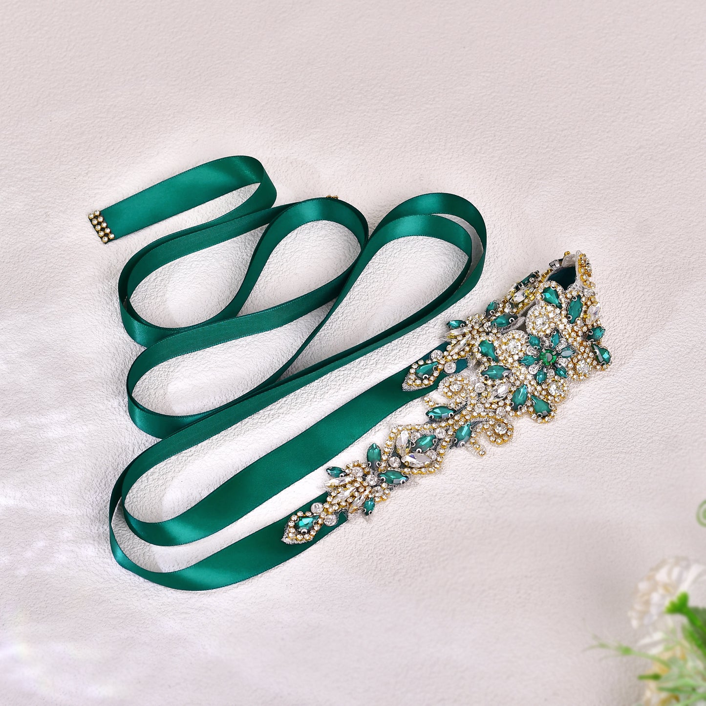 BRIDELLA BS12KL Rhinestone Decorative Belt - Emerald Shiny Adjustable Waist Cinching Wedding Dress