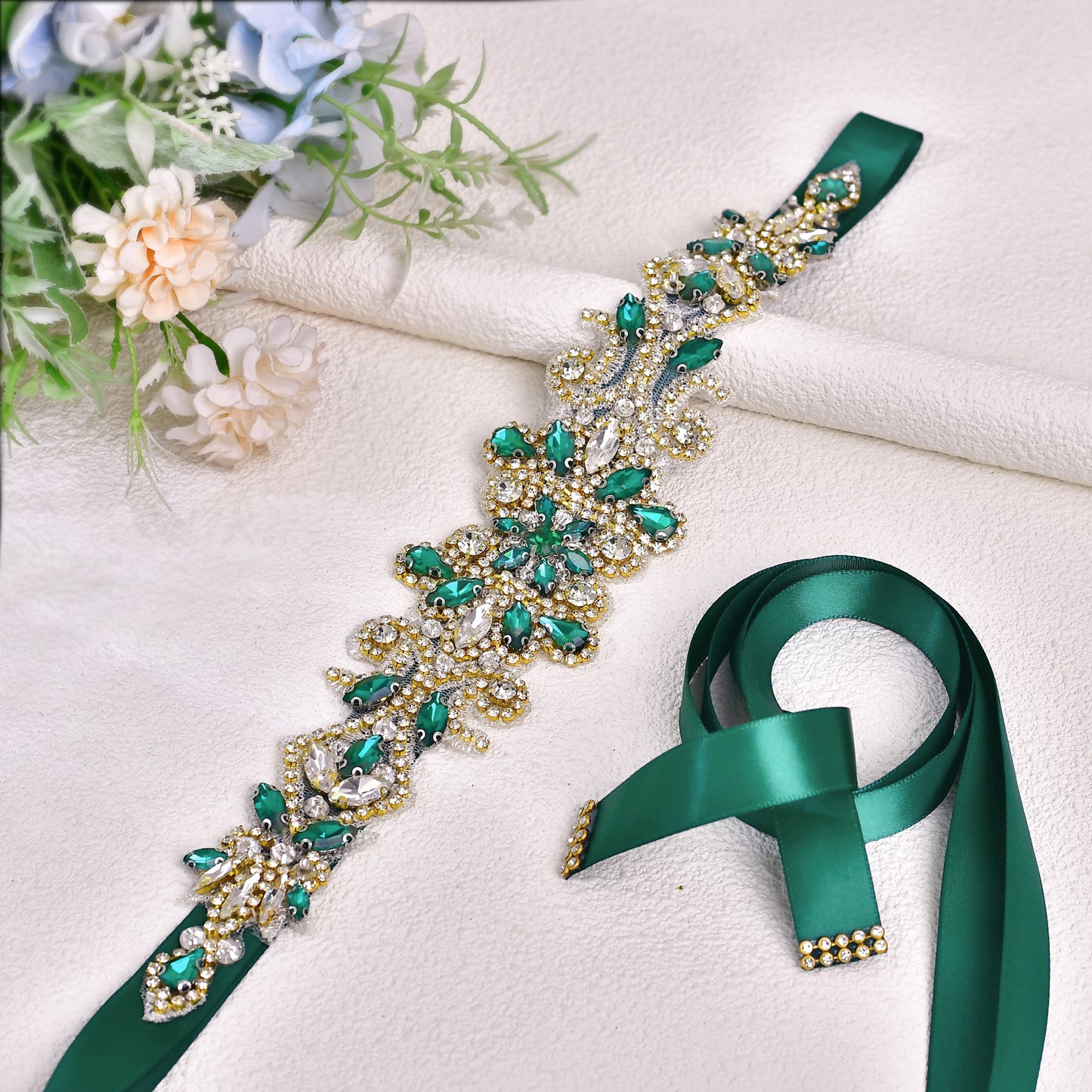 BRIDELLA BS12KL Rhinestone Decorative Belt - Emerald Shiny Adjustable Waist Cinching Wedding Dress