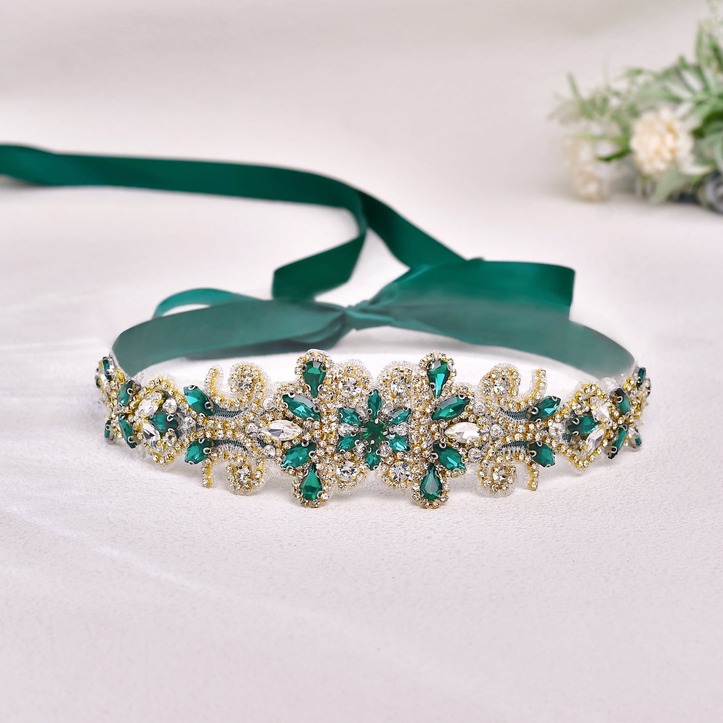 BRIDELLA BS12KL Rhinestone Decorative Belt - Emerald Shiny Adjustable Waist Cinching Wedding Dress
