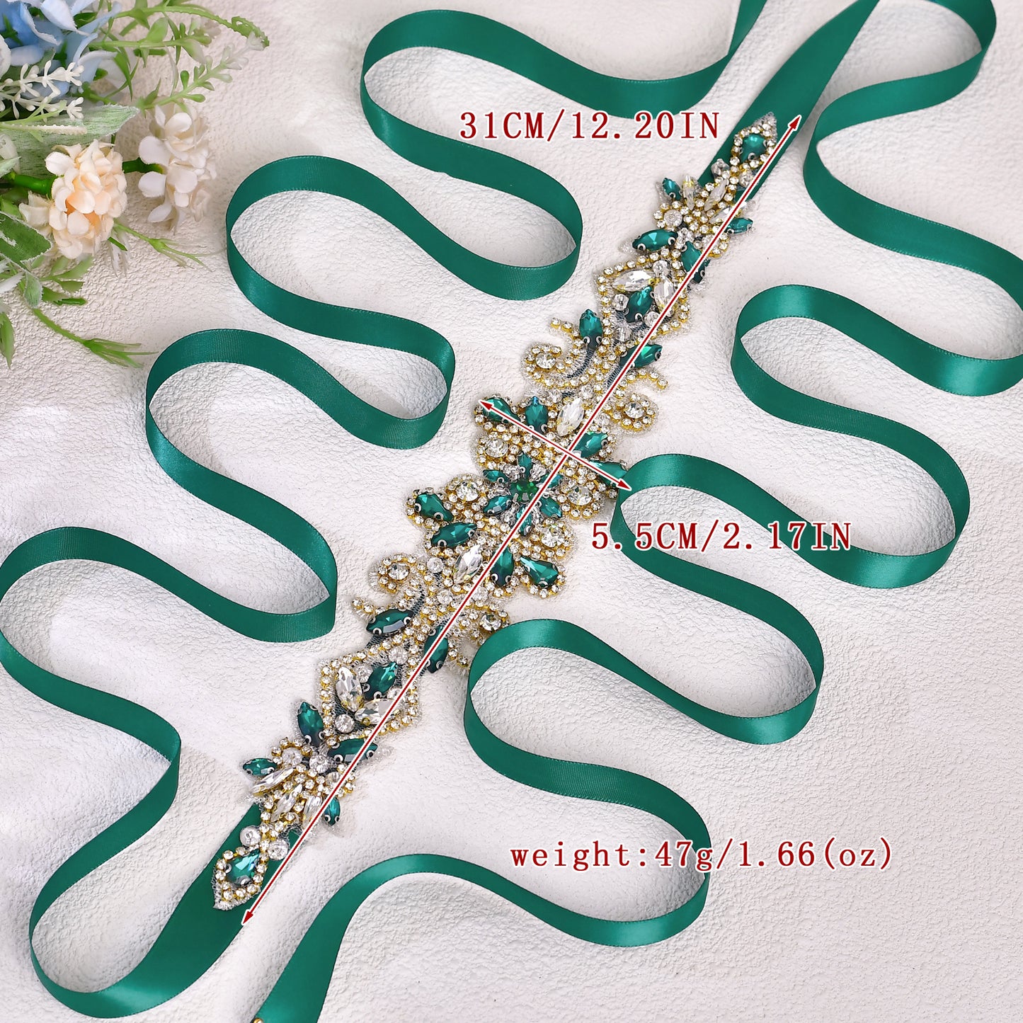 BRIDELLA BS12KL Rhinestone Decorative Belt - Emerald Shiny Adjustable Waist Cinching Wedding Dress