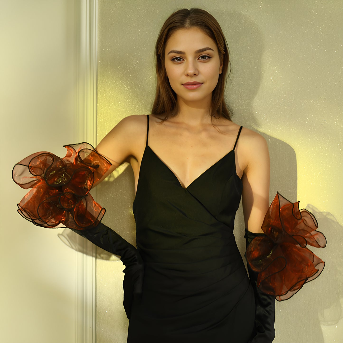 BRIDELLA BMM19 Black Gloves Burgundy Lace With Finger Long Wedding Accessories Mesh Flower Stylish Retro Wedding Party