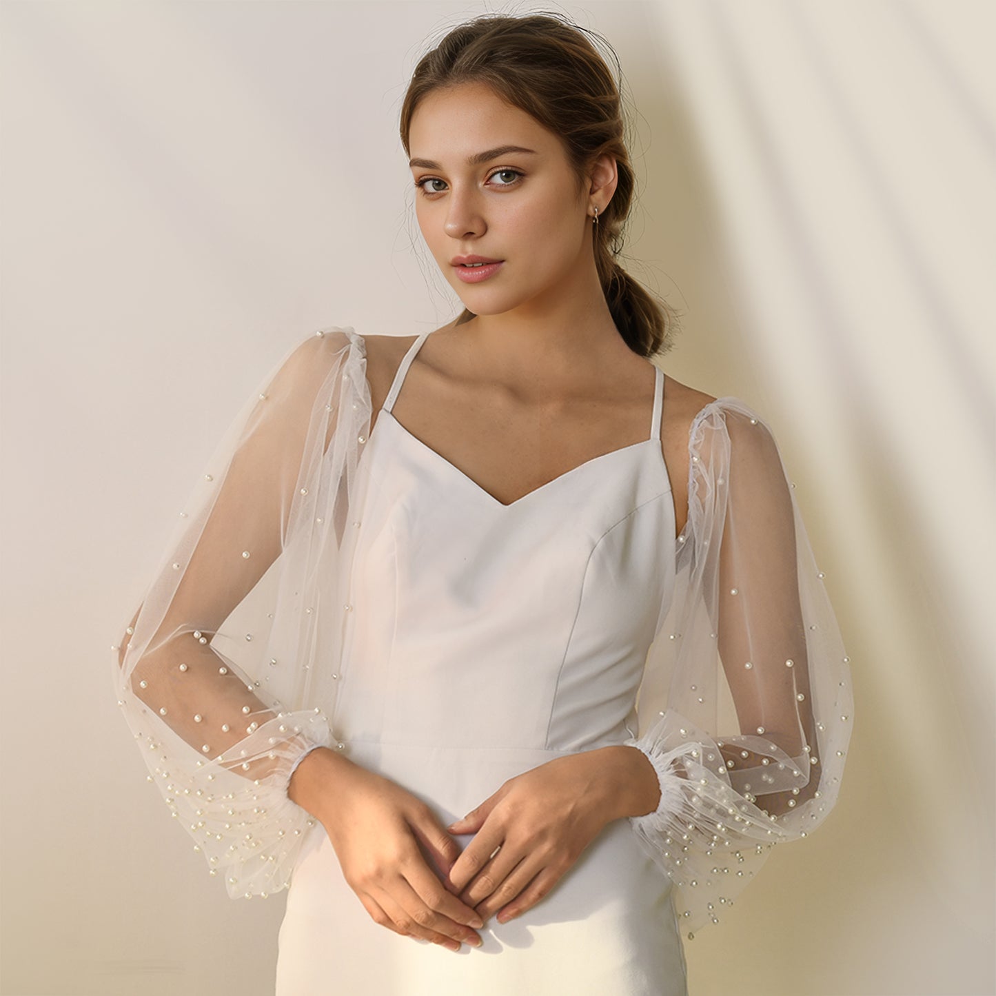 BRIDELLA BMM39 Pearl Cuff Bridal Gloves Wedding Accessories Fingerless Ladies Dress With Detachable Sleeves