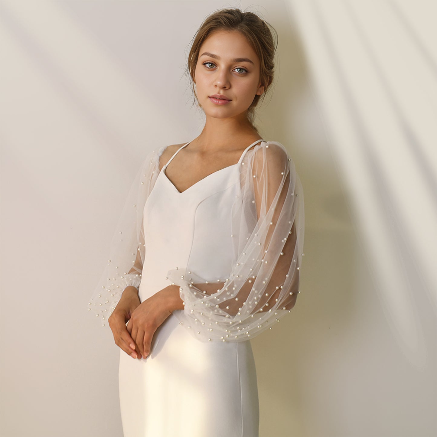 BRIDELLA BMM39 Pearl Cuff Bridal Gloves Wedding Accessories Fingerless Ladies Dress With Detachable Sleeves
