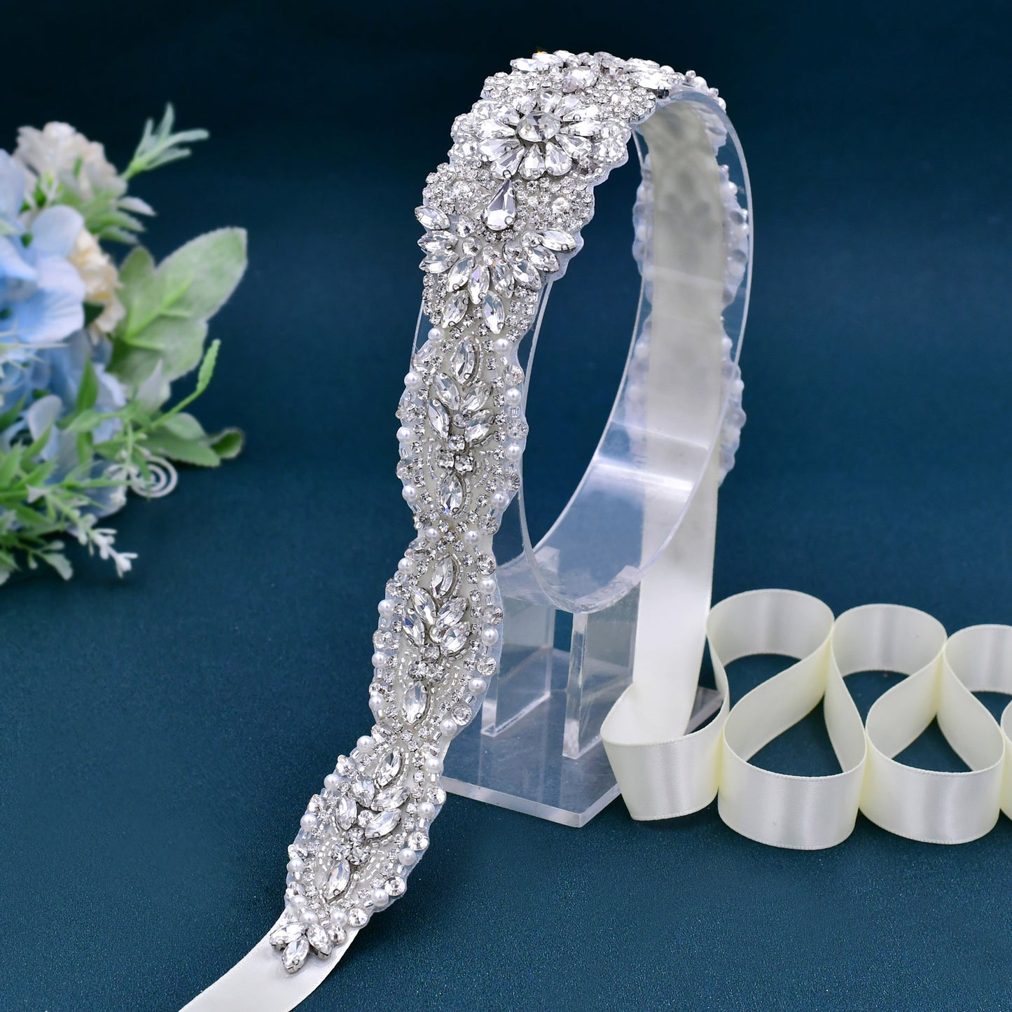 BRIDELLA BS119 Exquisite Silver Flower Waist Accessory Suitable For Wedding Valentines Day Stage Dress Belt